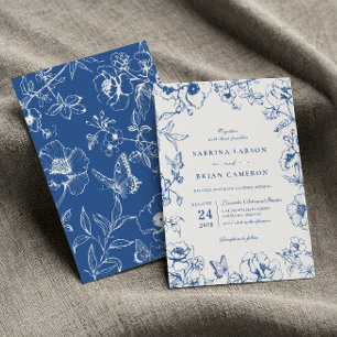 Invitation Mariage de jardin floral bleu royal élégant