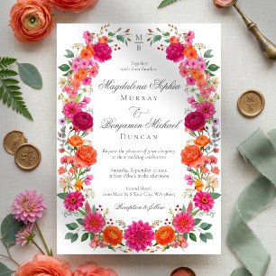 Invitation Mariage de jardin floral rose et orange audacieux