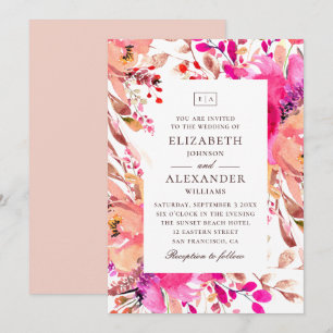 Invitation Mariage de jardin floral rose et pêche à l'aquarel