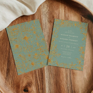 Invitation Mariage de jardin floral vert sauge élégant or