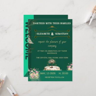 Invitation Mariage de jardin floral vintage vert émeraude
