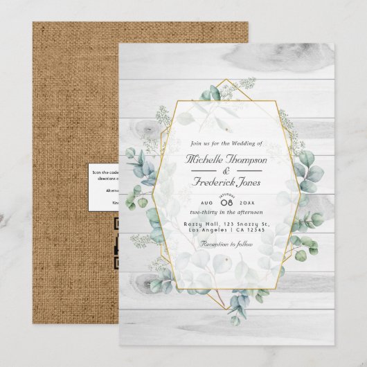 Invitation Mariage de jardin géométrique eucalyptus QR Code r (Devant / Derrière)