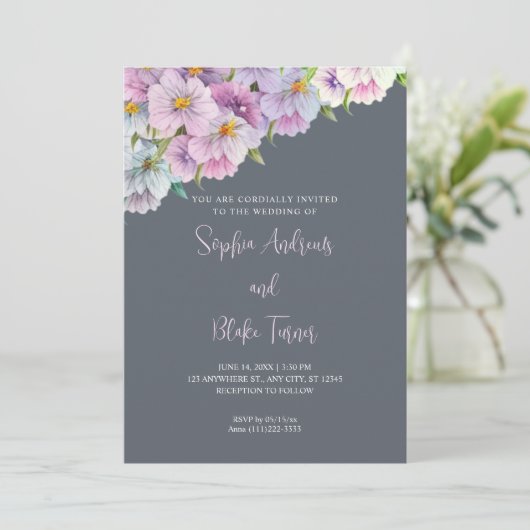 Invitation Mariage de jardin gris Fleur sauvage violet et ble (Debout devant)