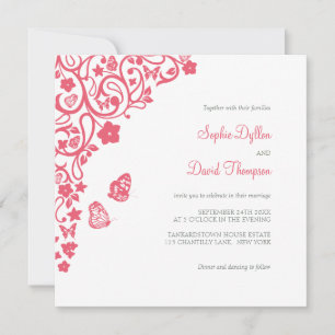 Invitation Mariage de jardin papillon floral rose corail