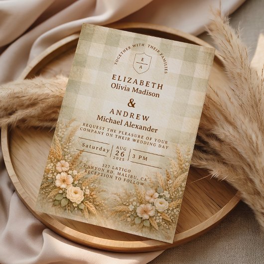Invitation Mariage de jardin rustique avec blé et fleurs sauv