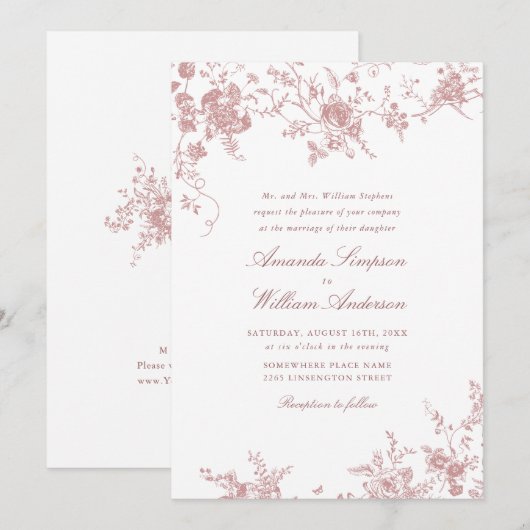 Invitation Mariage de jardin victorien Dusty Blush Rose (Devant / Derrière)