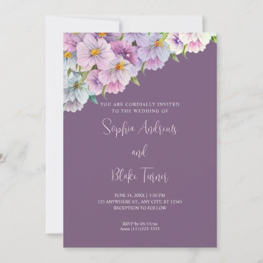 Invitation Mariage de jardin violet et bleu Fleur sauvage vio (Devant)