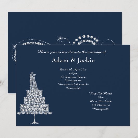Invitation Mariage DE JEU DE DIAMANTS DE LA MARINE ÉLÉGANT (Devant / Derrière)