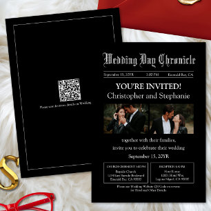 Invitation Mariage de journal moderne Black Two Photo QR Code