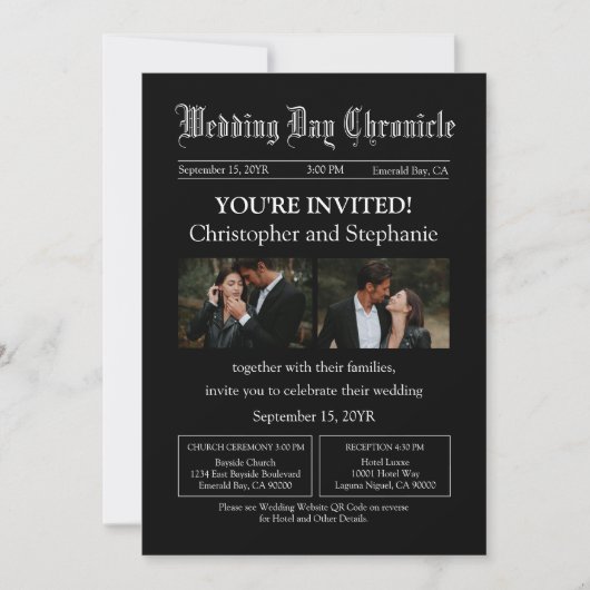 Invitation Mariage de journal moderne Black Two Photo QR Code (Devant)