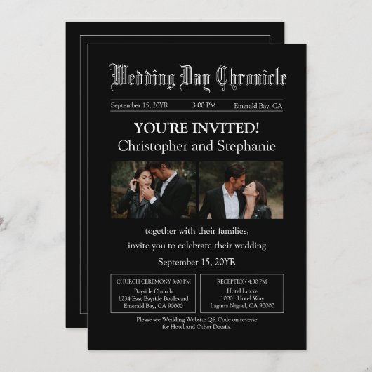 Invitation Mariage de journal moderne Black Two Photo QR Code (Devant / Derrière)