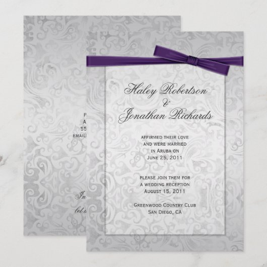 Invitation Mariage de la borne de ruban violet de superpositi (Devant / Derrière)