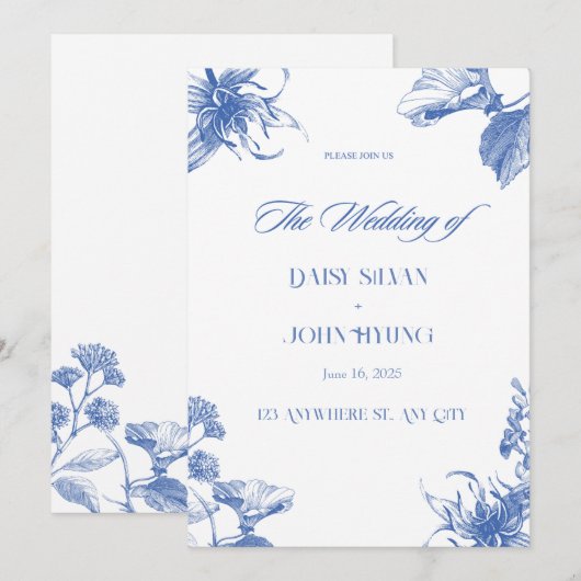 Invitation Mariage de la Chinoiserie bleu et blanc de la Mari (Devant / Derrière)