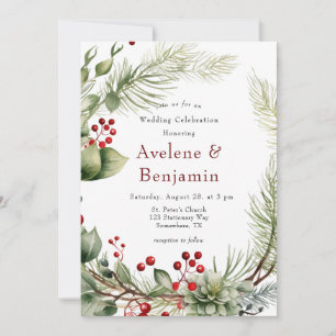 Invitation Mariage de la couronne de pin de Noël Red Berries