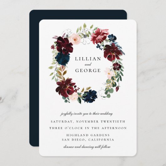 Invitation Mariage de la couronne florale de la marine bordea (Devant / Derrière)