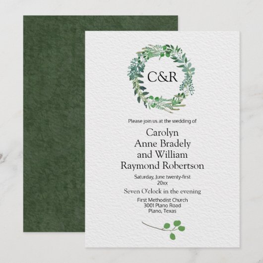 Invitation Mariage de la couronne verte de toute saison (Devant / Derrière)