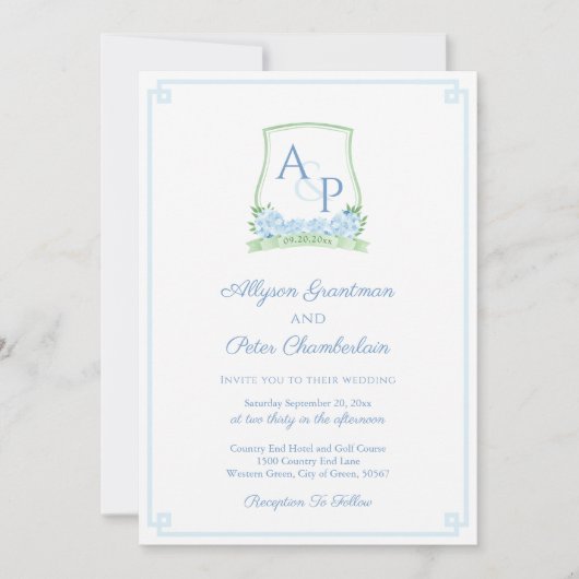 Invitation Mariage de la crête botanique bleu vert intemporel (Devant)
