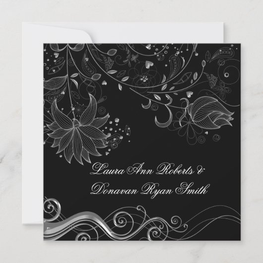Invitation Mariage de la  de fleurs d'argent noir et orné (Devant)