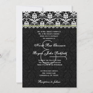 Invitation Mariage de la dentelle de Damas de chaux noir blan