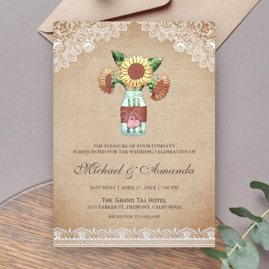 Invitation Mariage de la dentelle de tournesol de Burlap