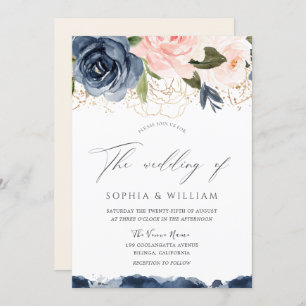 Invitation Mariage de la feuille d'or Marine & Blush