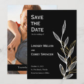 Invitation Mariage de la feuille noire et or Enregistrer la d (Devant / Derrière)