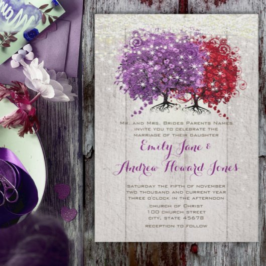 Invitation Mariage de la forêt de feuilles de coeur rouge et