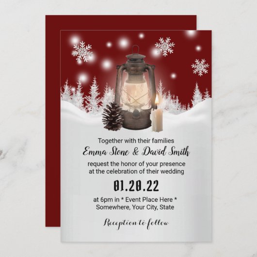 Invitation Mariage de la forêt rouge d'hiver de Snowflake et  (Devant / Derrière)