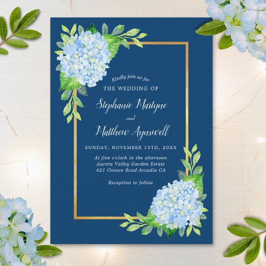 Invitation Mariage de la frontière d'or Marine Blue Hydrangea