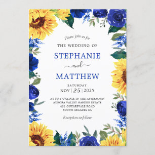 Invitation Mariage de la frontière florale bleu tournesol