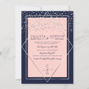 Invitation Mariage de la frontière marine Pink Silver Confett