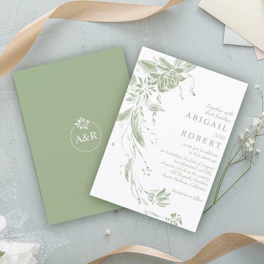 Invitation Mariage de la garland fleurie verte et blanche Sag