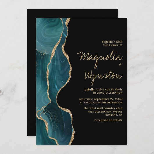 Invitation Mariage de la Géode d'âge d'or Turquoise noir (Devant / Derrière)