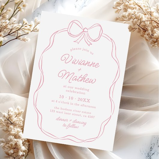 Invitation Mariage de la main moderne tiré rose Bow