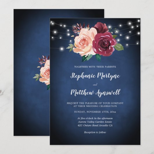 Invitation Mariage de la marine Bleu Bourgogne Blush Floral L (Devant / Derrière)