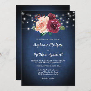 Invitation Mariage de la marine Bleu Bourgogne Blush Floral L