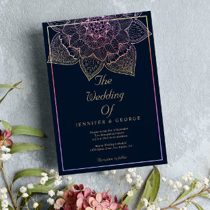 Invitation Mariage de la marine bleu or rose floral Mandala