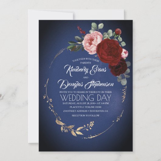 Invitation Mariage de la marine Blue Burgundy et Gold Floral  (Devant)