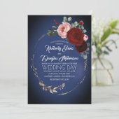Invitation Mariage de la marine Blue Burgundy et Gold Floral  (Debout devant)