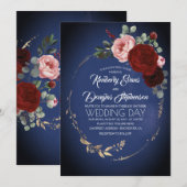 Invitation Mariage de la marine Blue Burgundy et Gold Floral  (Devant / Derrière)