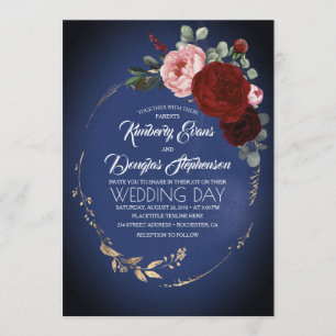 Invitation Mariage de la marine Blue Burgundy et Gold Floral 