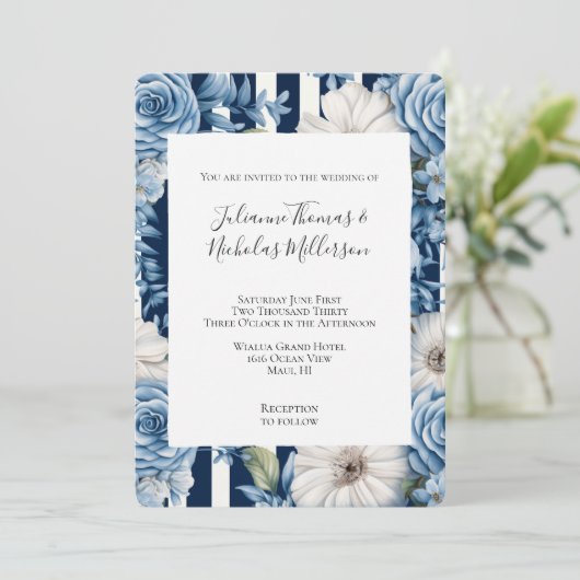 Invitation Mariage de la marine Blue Floral Stripes (Debout devant)