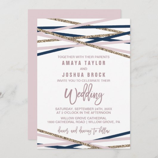Invitation Mariage de la marine Blush et Gold Streamers (Devant / Derrière)