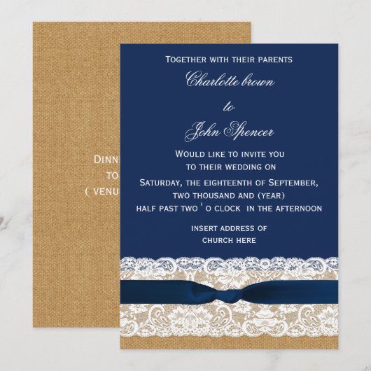 Invitation Mariage de la marine Burlap et Lace (Devant / Derrière)