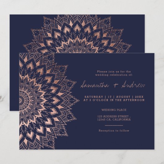 Invitation mariage de la marine de mandala en dentelle fleuri (Devant / Derrière)