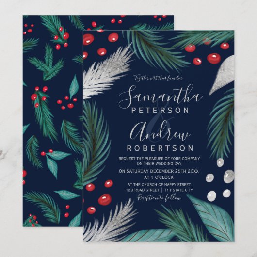 Invitation Mariage de la marine de Noël pin mistletoe argent (Devant / Derrière)