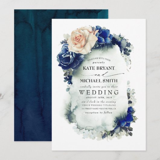 Invitation Mariage de la marine en terre cuite bleu et rouill (Devant / Derrière)