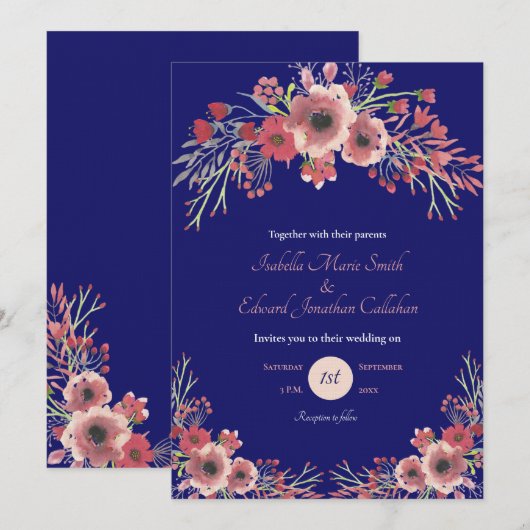 Invitation Mariage de la marine florale moderne Coral Peony (Devant / Derrière)