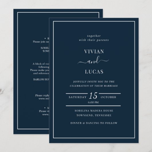 Invitation Mariage de la Marine moderne bleu officiel minimal (Devant / Derrière)