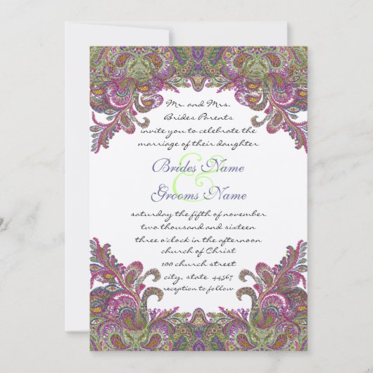 Invitation Mariage de la marmite de framboise Peacock Paisley (Devant)